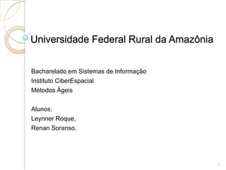 Universidade Federal Rural da Amazônia
Bacharelado em Sistemas de Informação
Instituto CiberEspacial
Métodos Ágeis
Alunos:
Leynner Roque,
Renan Soranso.

1

 