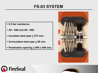 FS-03 SYSTEM



0,5 bar resistance.

A0 - A60 and H0 - H60

Insulated steel pipe < 273 mm.

Uninsulated steel pipe < 60 mm.

Penetration opening < 600 x 400 mm.
 