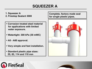 SQUEEZER A
1. Squeezer A                          Complete, factory made seal
2. Firestop Sealant 3000               for single plastic pipes.


  Corrosion treated steel material
  for applications with limited
  water exposure.

  Watertight: 300 kPa (30 mWC)

  A0 - A60 approval.

  Very simple and fast installation.

  Standard plastic pipe sizes:
  55, 82, 114 and 110 mm
 