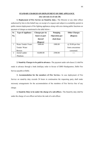 STAND-BY CHARGES ON DEPLOYMENT OF FIRE APPLIANCE
[See sub-rule (1) of rule 20]
1. Deployment of Fire Service on Stand-by duty.- The Director or any other officer
authorized by him in this behalf may on receipt of a request and subject to availability permit in
public interest deployment of fire fighting appliances along with crew during public functions on
payment of charges as mentioned in the table below:-
Sr.
No.
Type of Appliance Charges per six
hours or part
thereof
[Rupees]
Pumping
/Operation per
clock hour
Other Charges
[Rupees]
1 Water Tender/ Foam
Tender/ Water
Bowser
5000.00 1000.00 @ 50.00 per liter
foam concentrate
consumed.
2 Aerial Ladder
/Platform
10,000.00 2500.00 ----
2. Stand-by Charges to be paid in advance.- The payment under sub-clause (1) shall be
made in advance through a bank draft/pay order in favour of DDO Headquarters, Delhi Fire
Service payable at Delhi.
3. Accommodation for the members of Fire Service.- In case deployment of Fire
Service on stand-by duty exceeds 24 hours in continuation the requesting party shall make
necessary arrangements for the accommodation of the members of Fire Service free of any
charge.
4. Stand-by Duty to be under the charge of a sub-officer.- The Stand-by duty shall be
under the charge of a an officer not below the rank of a sub-officer.
84
 