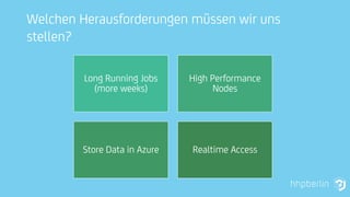 Welchen Herausforderungen müssen wir uns
stellen?
Long Running Jobs
(more weeks)
High Performance
Nodes
Store Data in Azure Realtime Access
 