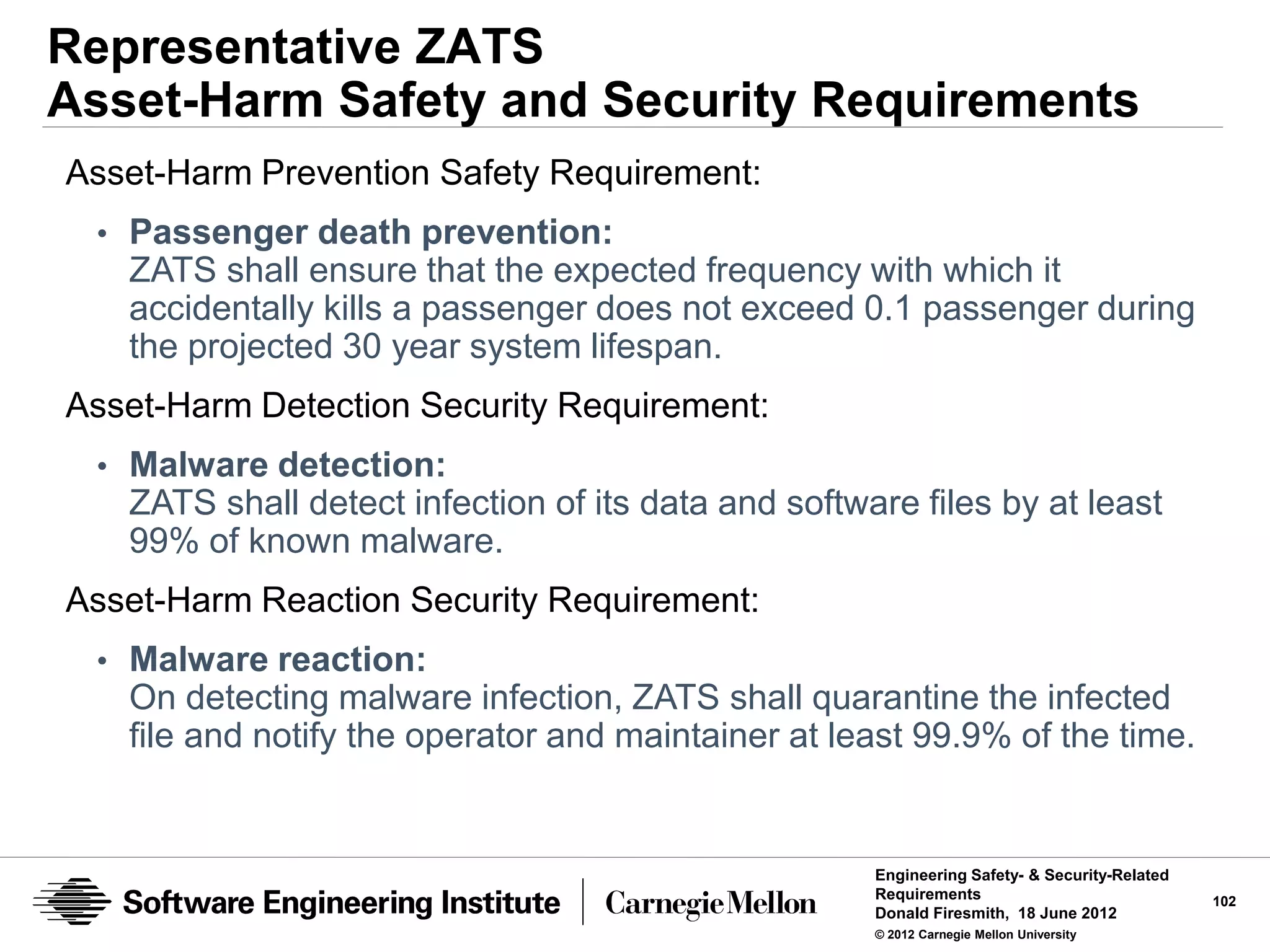 Representative ZATS
Asset-Harm Safety and Security Requirements
Asset-Harm Prevention Safety Requirement:
 • Passenger death prevention:
   ZATS shall ensure that the expected frequency with which it
   accidentally kills a passenger does not exceed 0.1 passenger during
   the projected 30 year system lifespan.
Asset-Harm Detection Security Requirement:
 • Malware detection:
   ZATS shall detect infection of its data and software files by at least
   99% of known malware.
Asset-Harm Reaction Security Requirement:
 • Malware reaction:
   On detecting malware infection, ZATS shall quarantine the infected
   file and notify the operator and maintainer at least 99.9% of the time.


                                                     Engineering Safety- & Security-Related
                                                     Requirements                             102
                                                     Donald Firesmith, 18 June 2012
                                                     © 2012 Carnegie Mellon University
 