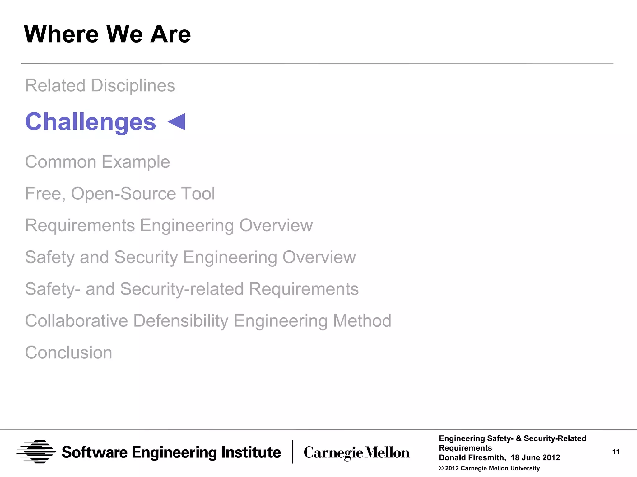 Where We Are
Related Disciplines

Challenges ◄
Common Example
Free, Open-Source Tool
Requirements Engineering Overview
Safety and Security Engineering Overview
Safety- and Security-related Requirements
Collaborative Defensibility Engineering Method
Conclusion



                                                 Engineering Safety- & Security-Related
                                                 Requirements                             11
                                                 Donald Firesmith, 18 June 2012
                                                 © 2012 Carnegie Mellon University
 