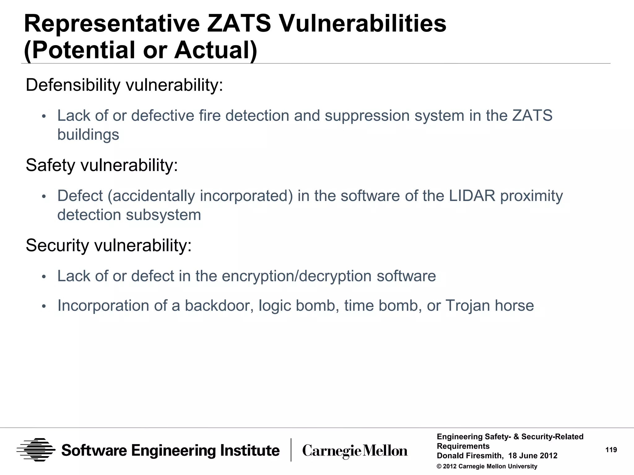Representative ZATS Vulnerabilities
(Potential or Actual)
Defensibility vulnerability:
  • Lack of or defective fire detection and suppression system in the ZATS
    buildings
Safety vulnerability:
  • Defect (accidentally incorporated) in the software of the LIDAR proximity
    detection subsystem
Security vulnerability:
  • Lack of or defect in the encryption/decryption software

  • Incorporation of a backdoor, logic bomb, time bomb, or Trojan horse




                                                              Engineering Safety- & Security-Related
                                                              Requirements                             119
                                                              Donald Firesmith, 18 June 2012
                                                              © 2012 Carnegie Mellon University
 