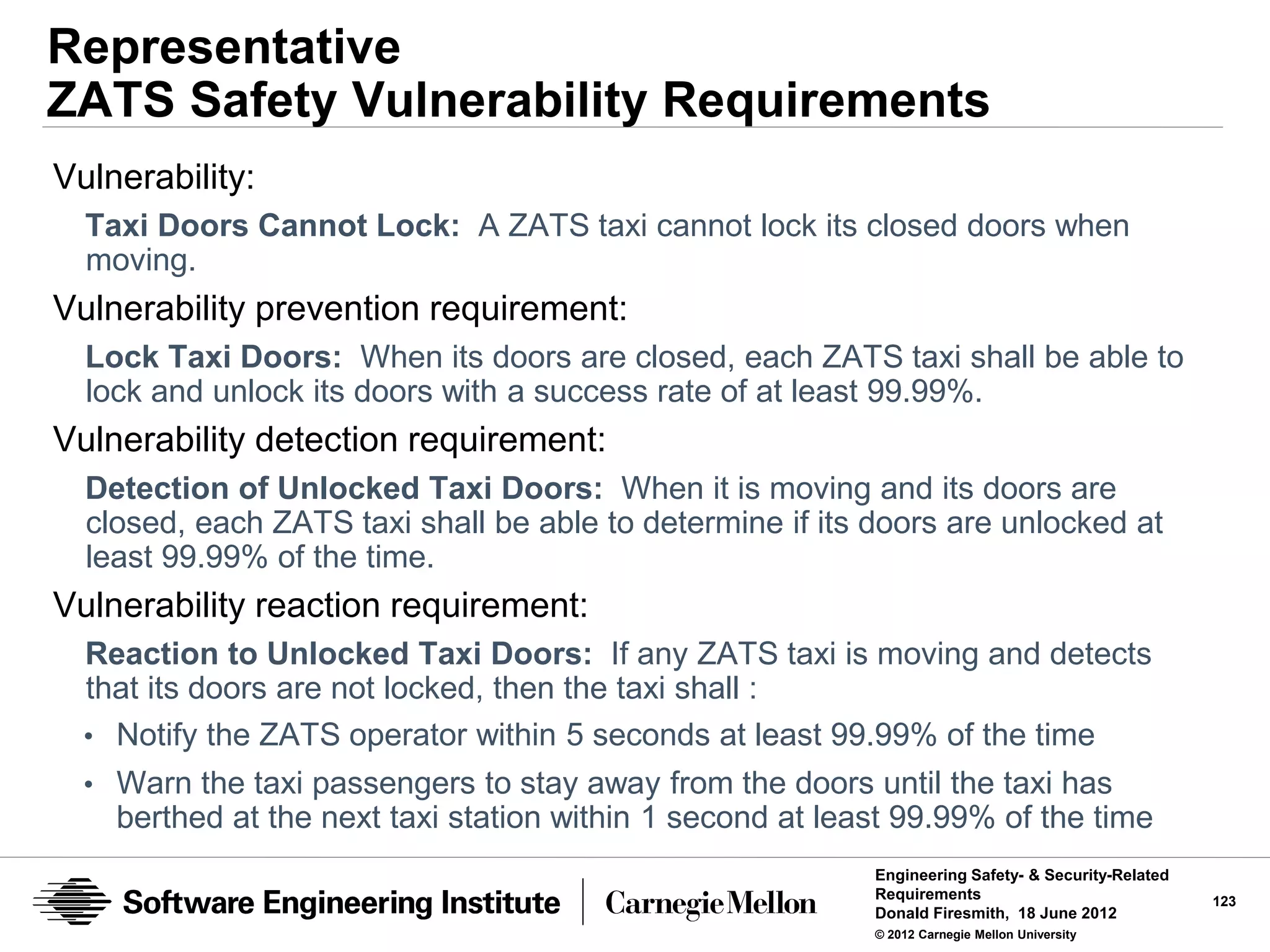 Representative
ZATS Safety Vulnerability Requirements
Vulnerability:
  Taxi Doors Cannot Lock: A ZATS taxi cannot lock its closed doors when
  moving.
Vulnerability prevention requirement:
  Lock Taxi Doors: When its doors are closed, each ZATS taxi shall be able to
  lock and unlock its doors with a success rate of at least 99.99%.
Vulnerability detection requirement:
  Detection of Unlocked Taxi Doors: When it is moving and its doors are
  closed, each ZATS taxi shall be able to determine if its doors are unlocked at
  least 99.99% of the time.
Vulnerability reaction requirement:
  Reaction to Unlocked Taxi Doors: If any ZATS taxi is moving and detects
  that its doors are not locked, then the taxi shall :
  • Notify the ZATS operator within 5 seconds at least 99.99% of the time
  • Warn the taxi passengers to stay away from the doors until the taxi has
    berthed at the next taxi station within 1 second at least 99.99% of the time
                                                           Engineering Safety- & Security-Related
                                                           Requirements                             123
                                                           Donald Firesmith, 18 June 2012
                                                           © 2012 Carnegie Mellon University
 
