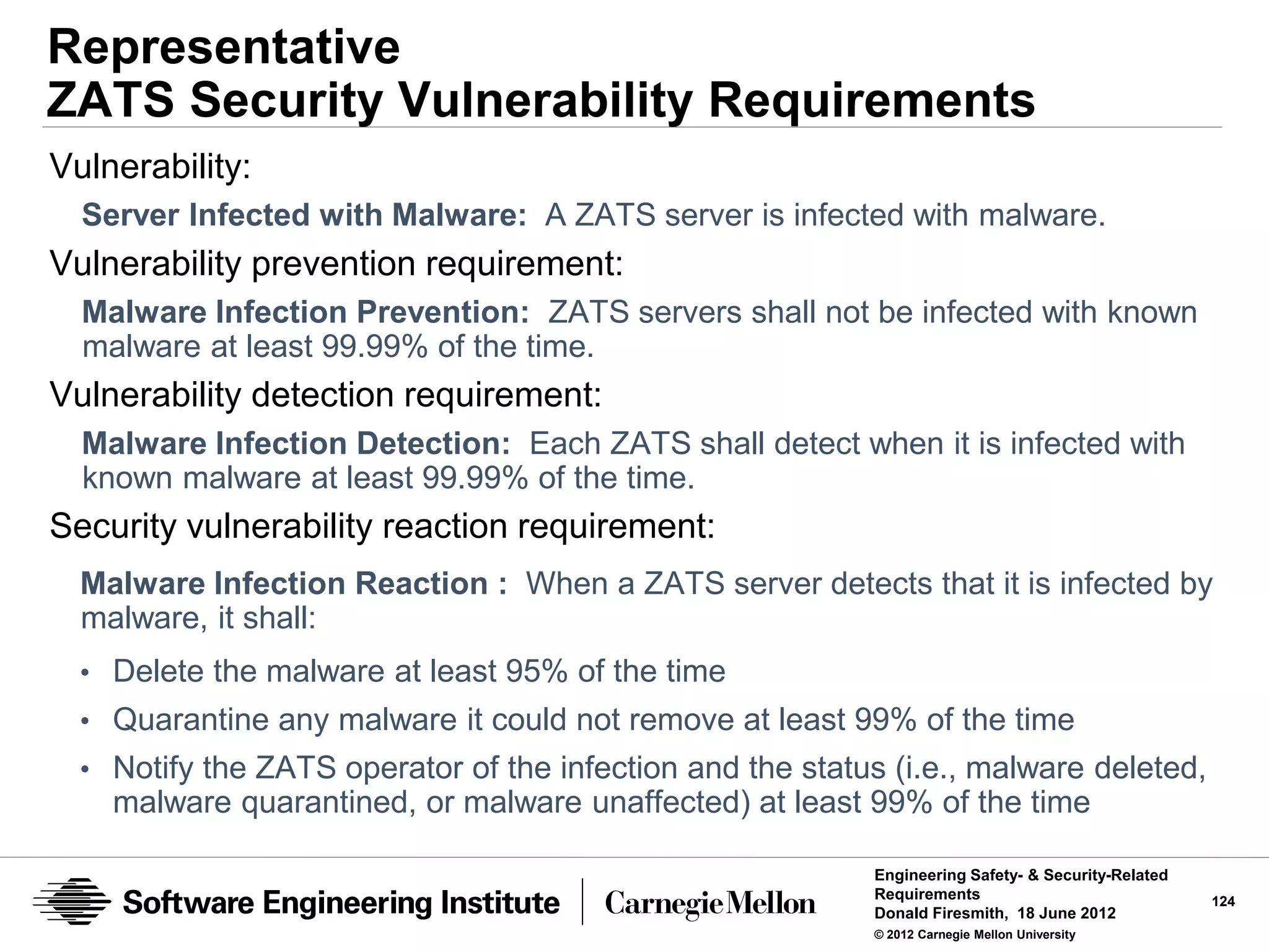 Representative
ZATS Security Vulnerability Requirements
Vulnerability:
  Server Infected with Malware: A ZATS server is infected with malware.
Vulnerability prevention requirement:
  Malware Infection Prevention: ZATS servers shall not be infected with known
  malware at least 99.99% of the time.
Vulnerability detection requirement:
  Malware Infection Detection: Each ZATS shall detect when it is infected with
  known malware at least 99.99% of the time.
Security vulnerability reaction requirement:
  Malware Infection Reaction : When a ZATS server detects that it is infected by
  malware, it shall:
  • Delete the malware at least 95% of the time
  • Quarantine any malware it could not remove at least 99% of the time
  • Notify the ZATS operator of the infection and the status (i.e., malware deleted,
    malware quarantined, or malware unaffected) at least 99% of the time

                                                           Engineering Safety- & Security-Related
                                                           Requirements                             124
                                                           Donald Firesmith, 18 June 2012
                                                           © 2012 Carnegie Mellon University
 