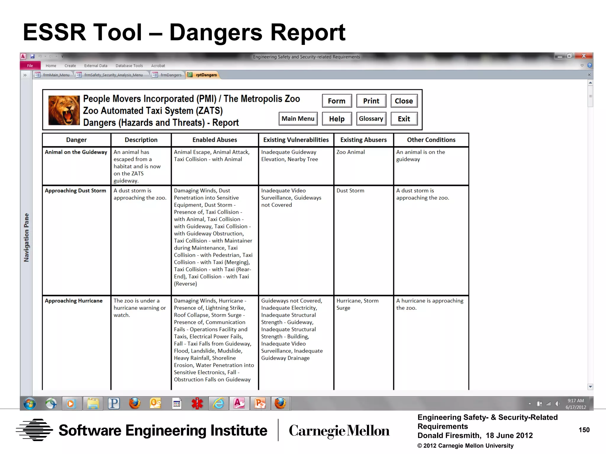 ESSR Tool – Dangers Report




                             Engineering Safety- & Security-Related
                             Requirements                             150
                             Donald Firesmith, 18 June 2012
                             © 2012 Carnegie Mellon University
 