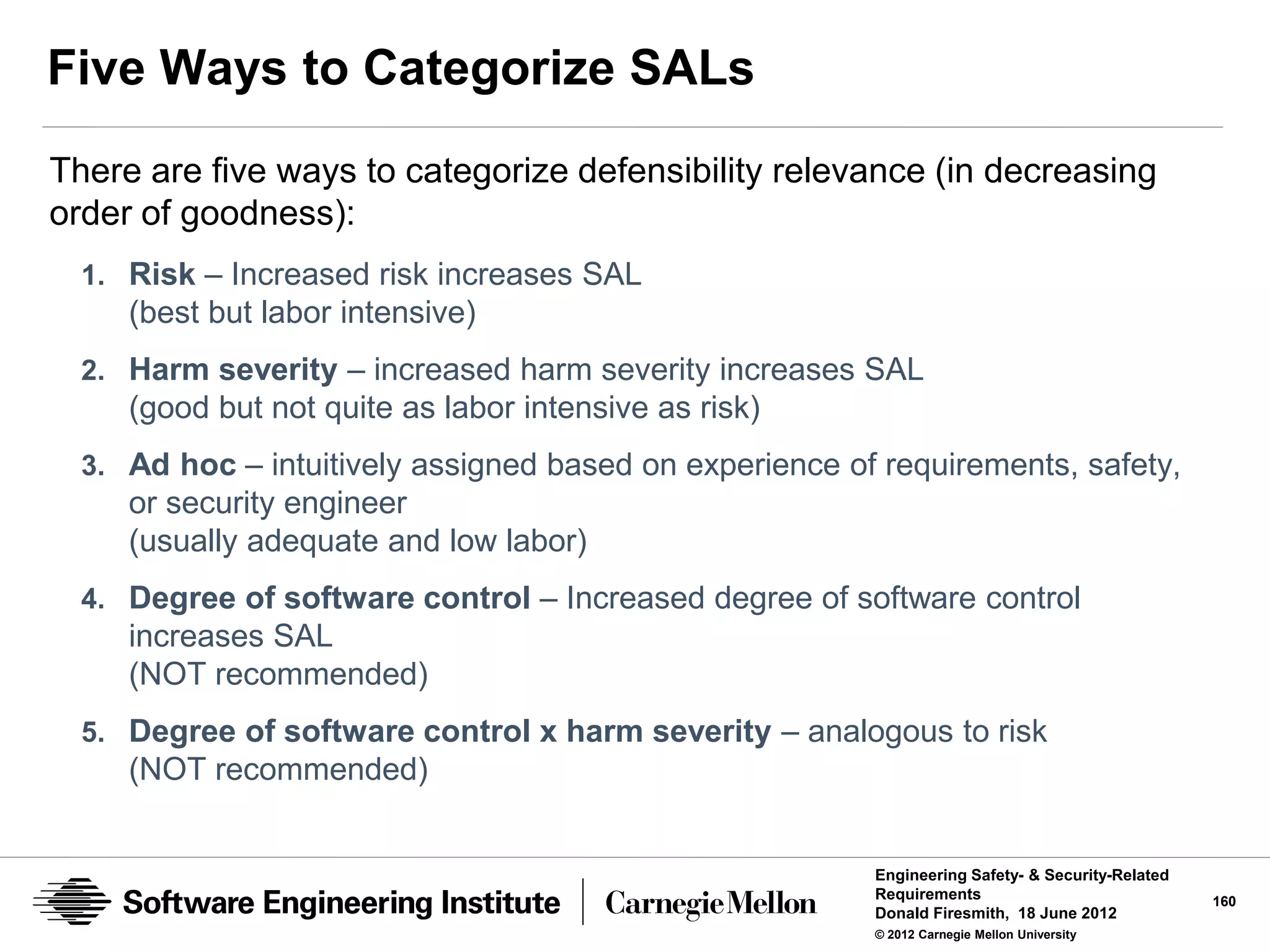 Five Ways to Categorize SALs
There are five ways to categorize defensibility relevance (in decreasing
order of goodness):
  1. Risk – Increased risk increases SAL
     (best but labor intensive)
  2. Harm severity – increased harm severity increases SAL
     (good but not quite as labor intensive as risk)
  3. Ad hoc – intuitively assigned based on experience of requirements, safety,
     or security engineer
     (usually adequate and low labor)
  4. Degree of software control – Increased degree of software control
     increases SAL
     (NOT recommended)
  5. Degree of software control x harm severity – analogous to risk
     (NOT recommended)


                                                         Engineering Safety- & Security-Related
                                                         Requirements                             160
                                                         Donald Firesmith, 18 June 2012
                                                         © 2012 Carnegie Mellon University
 