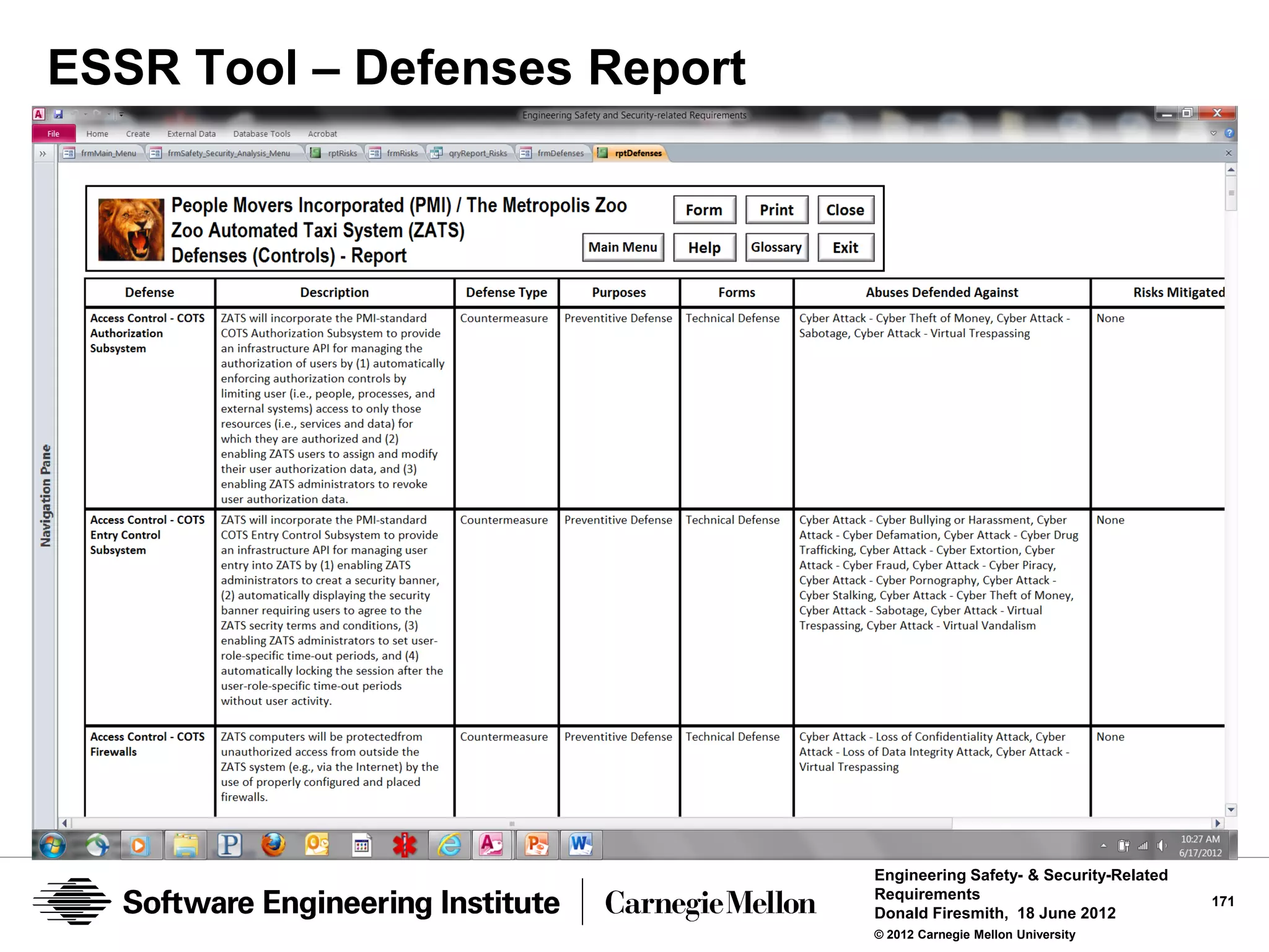 ESSR Tool – Defenses Report




                              Engineering Safety- & Security-Related
                              Requirements                             171
                              Donald Firesmith, 18 June 2012
                              © 2012 Carnegie Mellon University
 