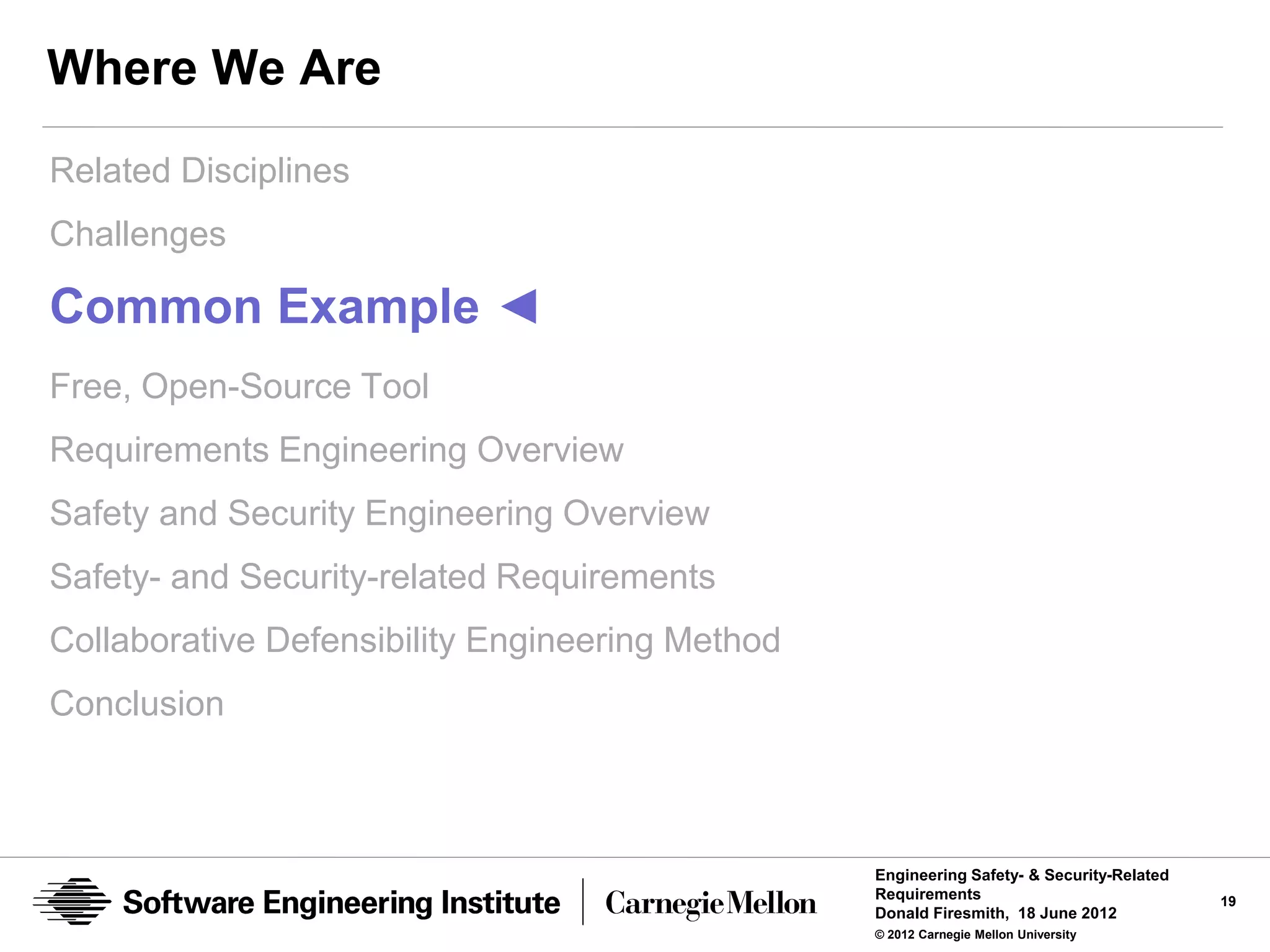 Where We Are
Related Disciplines
Challenges

Common Example ◄
Free, Open-Source Tool
Requirements Engineering Overview
Safety and Security Engineering Overview
Safety- and Security-related Requirements
Collaborative Defensibility Engineering Method
Conclusion



                                                 Engineering Safety- & Security-Related
                                                 Requirements                             19
                                                 Donald Firesmith, 18 June 2012
                                                 © 2012 Carnegie Mellon University
 