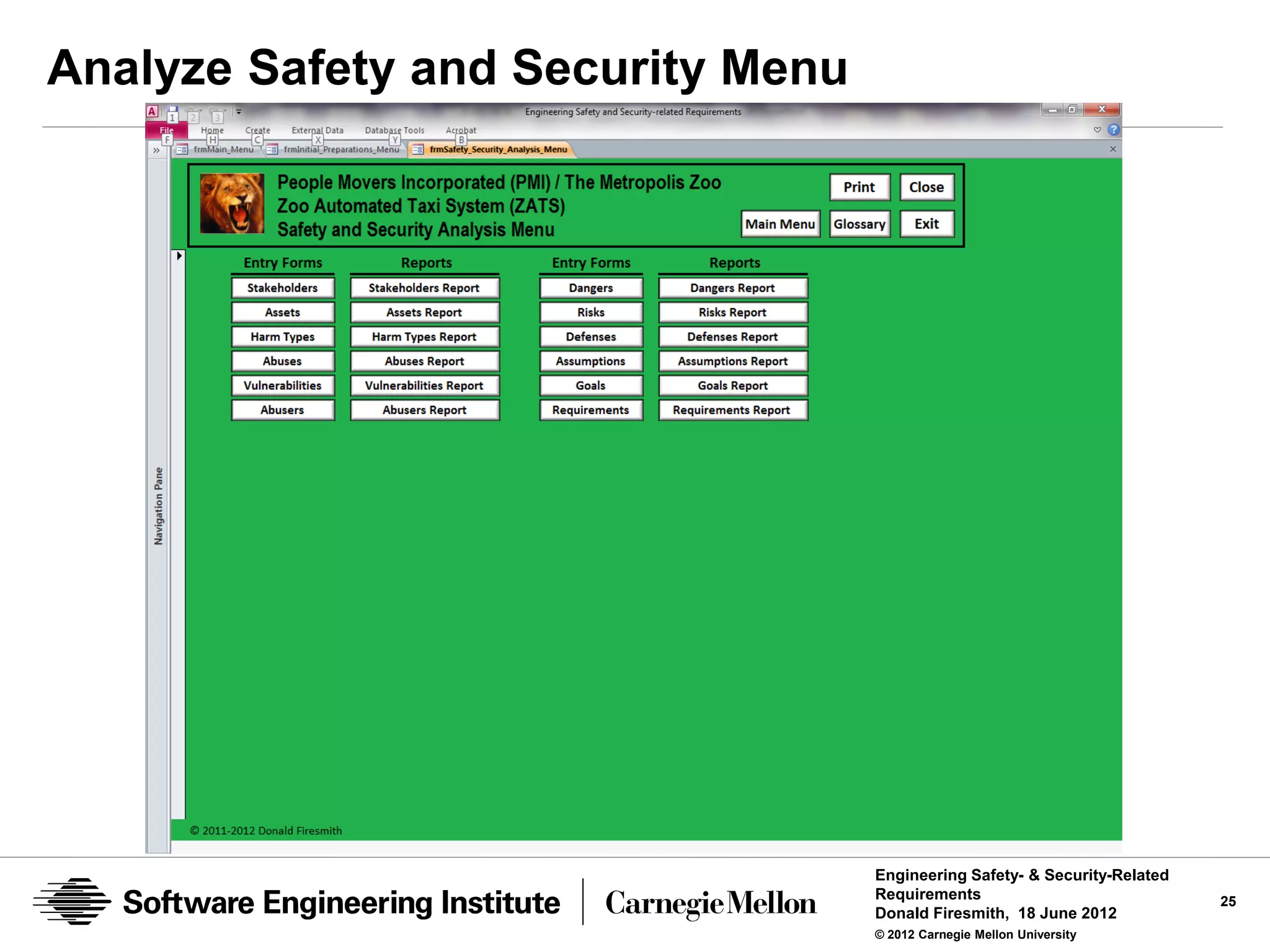 Analyze Safety and Security Menu




                                   Engineering Safety- & Security-Related
                                   Requirements                             25
                                   Donald Firesmith, 18 June 2012
                                   © 2012 Carnegie Mellon University
 