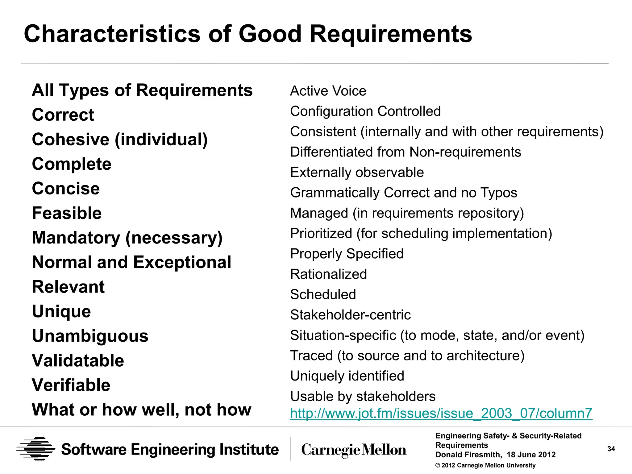 Characteristics of Good Requirements

All Types of Requirements   Active Voice
Correct                     Configuration Controlled
                            Consistent (internally and with other requirements)
Cohesive (individual)
                            Differentiated from Non-requirements
Complete                    Externally observable
Concise                     Grammatically Correct and no Typos
Feasible                    Managed (in requirements repository)
Mandatory (necessary)       Prioritized (for scheduling implementation)
                            Properly Specified
Normal and Exceptional
                            Rationalized
Relevant                    Scheduled
Unique                      Stakeholder-centric
Unambiguous                 Situation-specific (to mode, state, and/or event)
Validatable                 Traced (to source and to architecture)
                            Uniquely identified
Verifiable
                            Usable by stakeholders
What or how well, not how   http://www.jot.fm/issues/issue_2003_07/column7
                                                   Engineering Safety- & Security-Related
                                                   Requirements                             34
                                                   Donald Firesmith, 18 June 2012
                                                   © 2012 Carnegie Mellon University
 