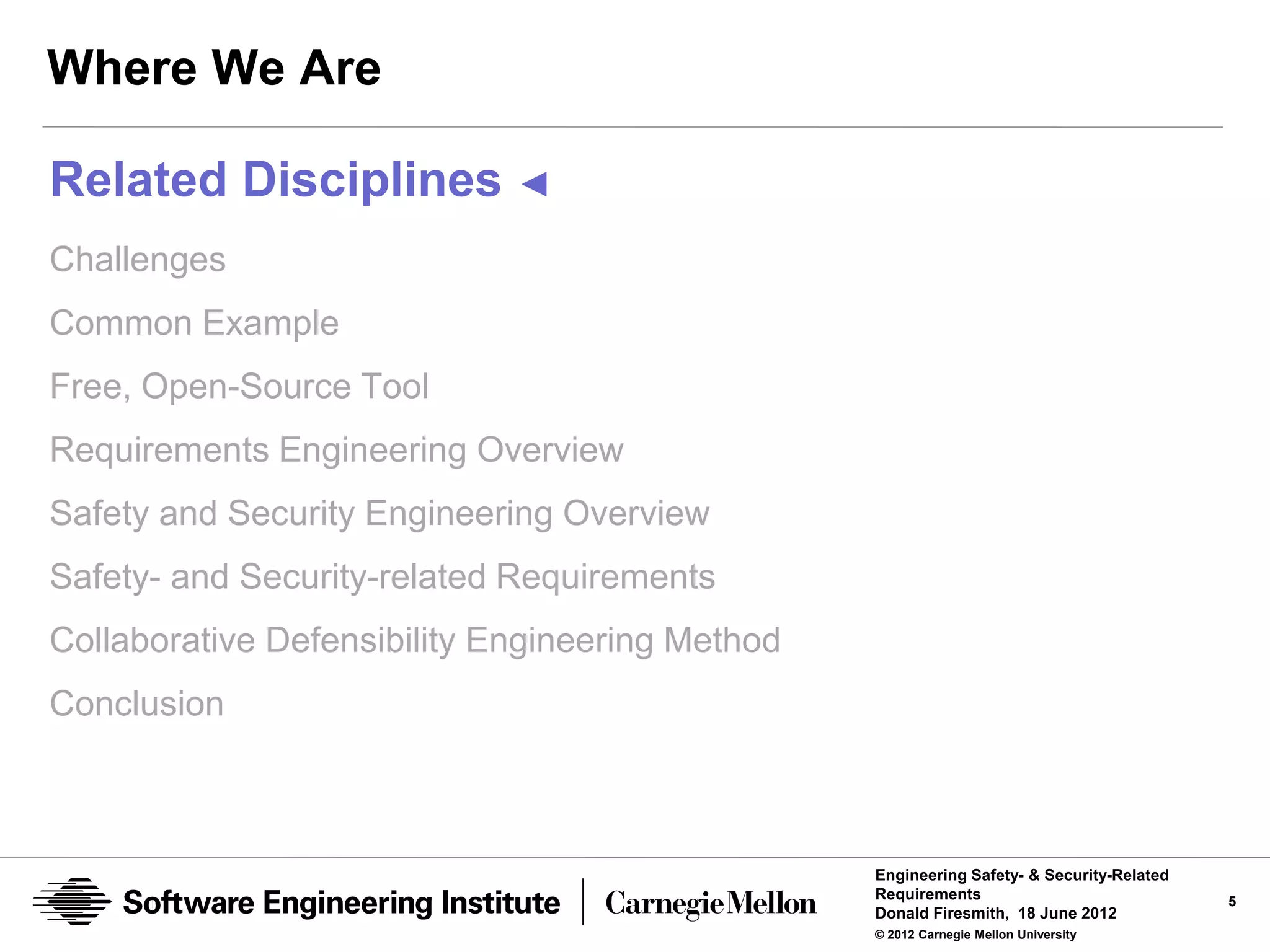 Where We Are

Related Disciplines ◄
Challenges
Common Example
Free, Open-Source Tool
Requirements Engineering Overview
Safety and Security Engineering Overview
Safety- and Security-related Requirements
Collaborative Defensibility Engineering Method
Conclusion



                                                 Engineering Safety- & Security-Related
                                                 Requirements                             5
                                                 Donald Firesmith, 18 June 2012
                                                 © 2012 Carnegie Mellon University
 