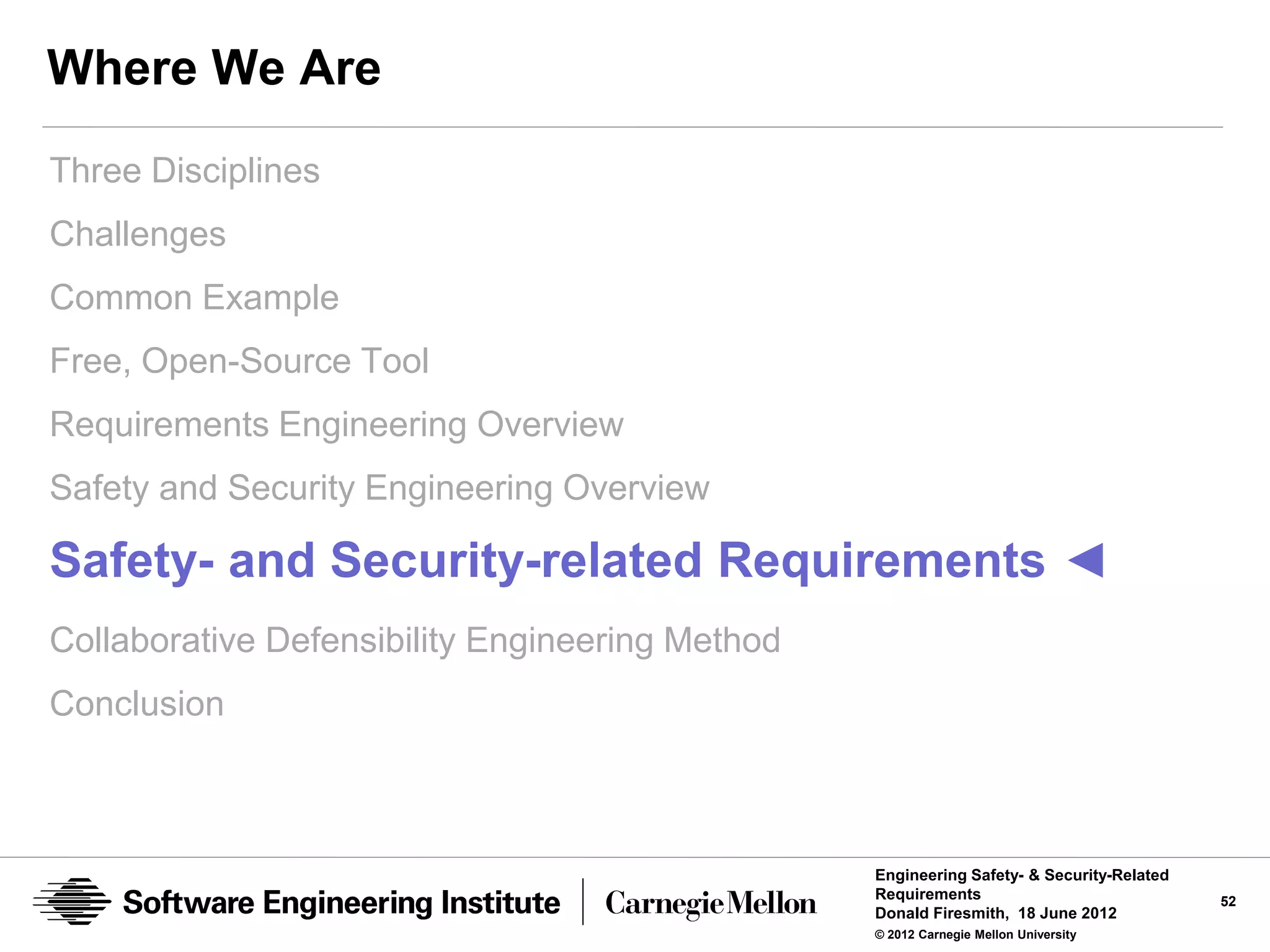 Where We Are
Three Disciplines
Challenges
Common Example
Free, Open-Source Tool
Requirements Engineering Overview
Safety and Security Engineering Overview

Safety- and Security-related Requirements ◄
Collaborative Defensibility Engineering Method
Conclusion



                                                 Engineering Safety- & Security-Related
                                                 Requirements                             52
                                                 Donald Firesmith, 18 June 2012
                                                 © 2012 Carnegie Mellon University
 