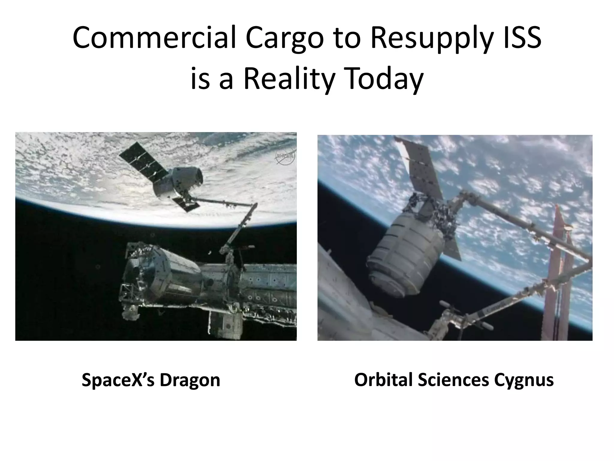Commercial Cargo to Resupply ISS
is a Reality Today
Orbital Sciences CygnusSpaceX’s Dragon
 