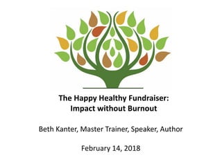 The Happy Healthy Fundraiser:
Impact without Burnout
Beth Kanter, Master Trainer, Speaker, Author
February 14, 2018
 