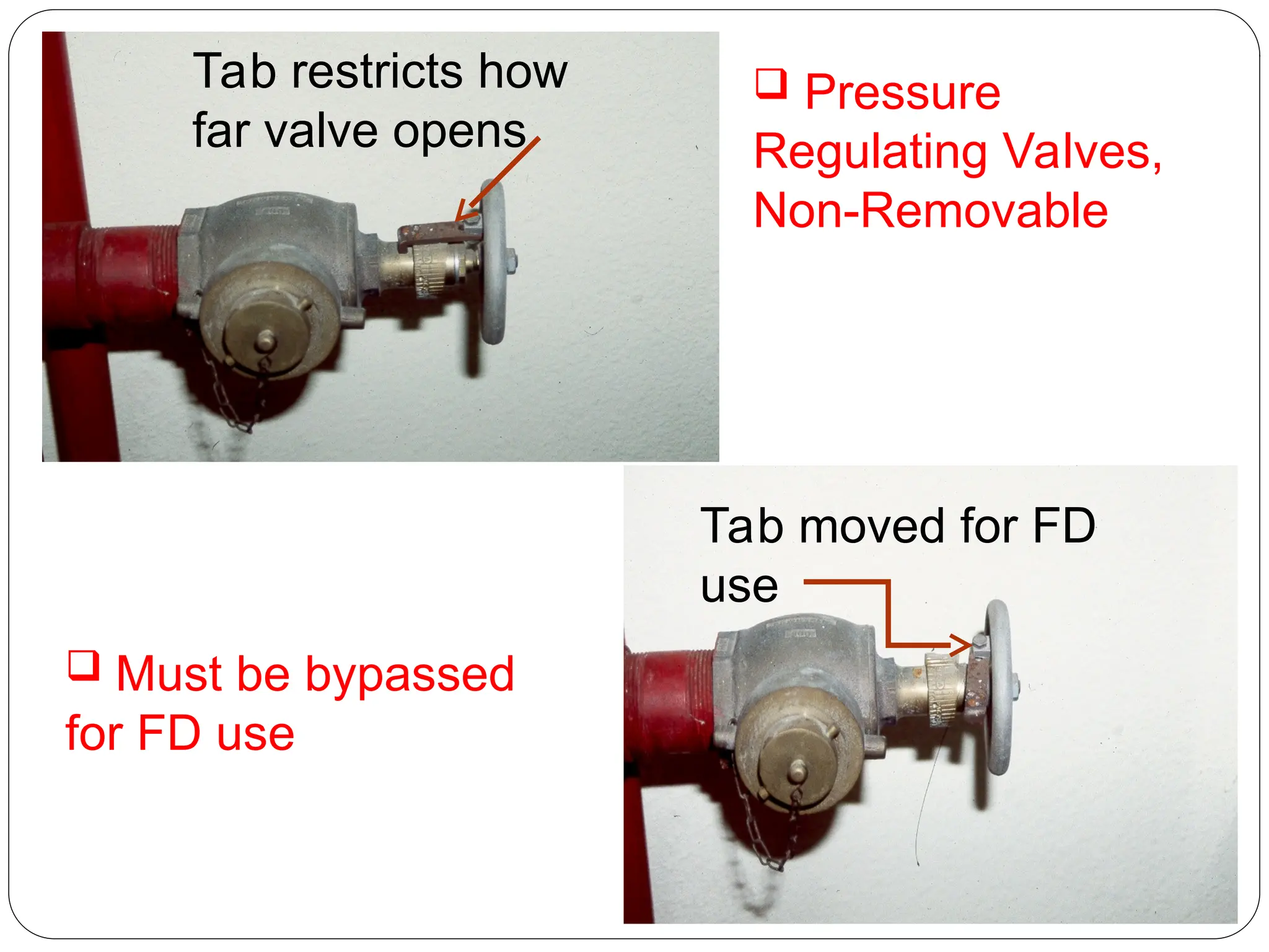 Tab restricts how
far valve opens
 Pressure
Regulating Valves,
Non-Removable
Tab moved for FD
use
 Must be bypassed
for FD use
 