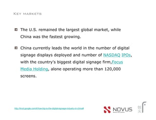 Key markets


      The U.S. remained the largest global market, while
      China was the fastest growing.

      China currently leads the world in the number of digital
      signage displays deployed and number of NASDAQ IPOs,
      with the country's biggest digital signage firm,Focus
      Media Holding, alone operating more than 120,000
      screens.




http://knol.google.com/k/how-big-is-the-digital-signage-industry-in-china#
 