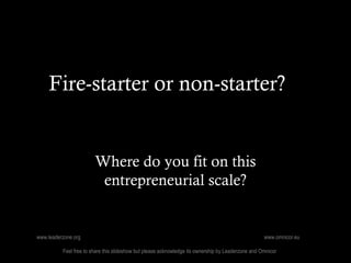 Fire-starter or non-starter?


                        Where do you fit on this
                         entrepreneurial scale?


www.leaderzone.org                                                                                  www.omnicor.eu

          Feel free to share this slideshow but please acknowledge its ownership by Leaderzone and Omnicor
 