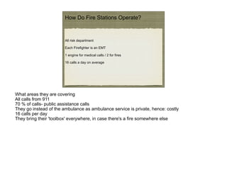 How Do Fire Stations Operate?



                        All risk department

                        Each Firefighter is an EMT

                        1 engine for medical calls / 2 for fires

                        16 calls a day on average




What areas they are covering
All calls from 911
70 % of calls- public assistance calls
They go instead of the ambulance as ambulance service is private, hence: costly
16 calls per day
They bring their 'toolbox' everywhere, in case there's a fire somewhere else
 