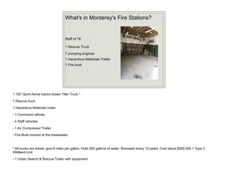 What's in Monterey's Fire Stations?


                                     Staff of 16

                                     1 Rescue Truck
                                     7 pumping engines
                                     1 Hazardous Materials Trailer
                                     1 Fire boat




1 100' Quint Aerial tractor-drawn Tiller Truck *

1 Rescue truck
1 Hazardous Materials trailer

- 1 Command vehicle,

- 4 Staff vehicles

- 1 Air Compressor Trailer
- Fire Boat moored at the breakwater.



* All trucks are diesel, give 8 miles per gallon. Hold 500 gallons of water. Renewed every 10 years. Cost about $500,000 1 Type 3
Wildland Unit
- 1 Urban Search & Rescue Trailer with equipment
 