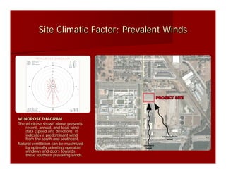 Site Climatic Factor: Prevalent Winds




WINDROSE DIAGRAM
The windrose shown above presents
    recent, annual, and local wind
    data (speed and direction). It
    indicates a predominant wind
    from the south and southeast.
Natural ventilation can be maximized
    by optimally orienting operable
    windows and doors towards
    these southern prevailing winds.
 