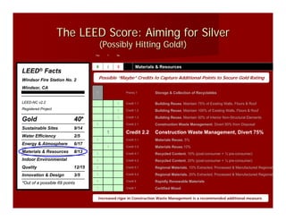 The LEED Score: Aiming for Silver
                                       (Possibly Hitting Gold!)
                                   Yes    ?    No




                                   8      2    3           Materials & Resources
LEED® Facts
Windsor Fire Station No. 2             Possible “Maybe” Credits to Capture Additional Points to Secure Gold Rating

Windsor, CA
                                   Y                Prereq 1        Storage & Collection of Recyclables

LEED-NC v2.2                                   1    Credit 1.1      Building Reuse, Maintain 75% of Existing Walls, Floors & Roof
Registered Project                             1    Credit 1.2      Building Reuse, Maintain 100% of Existing Walls, Floors & Roof
                                               1    Credit 1.3      Building Reuse, Maintain 50% of Interior Non-Structural Elements
Gold                       40*
                                   1                Credit 2.1      Construction Waste Management, Divert 50% from Disposal
Sustainable Sites          9/14
                                          1         Credit 2.2      Construction Waste Management, Divert 75%
Water Efficiency           2/5
                                   1                Credit 3.1      Materials Reuse, 5%
Energy & Atmosphere        6/17
                                          1         Credit 3.2      Materials Reuse,10%
Materials & Resources      8/13    1                Credit 4.1      Recycled Content, 10% (post-consumer + ½ pre-consumer)
Indoor Environmental               1                Credit 4.2      Recycled Content, 20% (post-consumer + ½ pre-consumer)
Quality                    12/15   1                Credit 5.1      Regional Materials, 10% Extracted, Processed & Manufactured Regionall

Innovation & Design        3/5     1                Credit 5.2      Regional Materials, 20% Extracted, Processed & Manufactured Regionall

*Out of a possible 69 points       1                Credit 6        Rapidly Renewable Materials
                                   1                Credit 7        Certified Wood

                                     Increased rigor in Construction Waste Management is a recommended additional measure.
 
