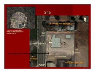 Site

                                                                                             N
                                                     ADJACENT RESIDENCES


                                                          5’-0” side setback
[LEED SS2] DEVELOPMENT
DENSITY AND COMMUNITY                    20’-0”
                                          20’
CONNECTIVITY                               front
                                        setback




                         49’-9” from property line
                         49’
                            at back of sidewalk to
                              Apparatus Bay wall.


                                                                                  20’-0”
                                                                                  20’
                                                                                  rear
                                                                                  setback
 Site Setback Line
                                                         5’-0” side setback
                          HIGH
                         SCHOOL

                                                                          CORPORATION YARD
                                      WINDSOR
                                       ROAD
                                                                                             Site Aerial
 