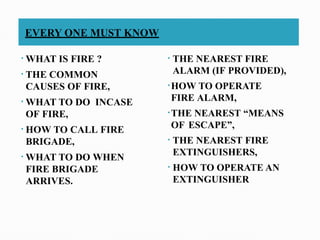 EVERY ONE MUST KNOW
• WHAT IS FIRE ?
• THE COMMON
CAUSES OF FIRE,
• WHAT TO DO INCASE
OF FIRE,
• HOW TO CALL FIRE
BRIGADE,
• WHAT TO DO WHEN
FIRE BRIGADE
ARRIVES.
• THE NEAREST FIRE
ALARM (IF PROVIDED),
• HOW TO OPERATE
FIRE ALARM,
• THE NEAREST “MEANS
OF ESCAPE”,
• THE NEAREST FIRE
EXTINGUISHERS,
• HOW TO OPERATE AN
EXTINGUISHER
 