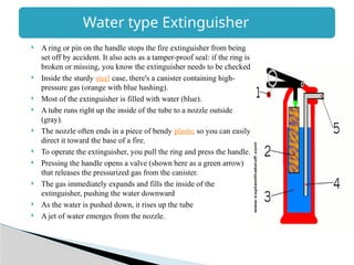 Water type Extinguisher
 A ring or pin on the handle stops the fire extinguisher from being
set off by accident. It also acts as a tamper-proof seal: if the ring is
broken or missing, you know the extinguisher needs to be checked.
 Inside the sturdy steel case, there's a canister containing high-
pressure gas (orange with blue hashing).
 Most of the extinguisher is filled with water (blue).
 A tube runs right up the inside of the tube to a nozzle outside
(gray).
 The nozzle often ends in a piece of bendy plastic so you can easily
direct it toward the base of a fire.
 To operate the extinguisher, you pull the ring and press the handle.
 Pressing the handle opens a valve (shown here as a green arrow)
that releases the pressurized gas from the canister.
 The gas immediately expands and fills the inside of the
extinguisher, pushing the water downward
 As the water is pushed down, it rises up the tube
 A jet of water emerges from the nozzle.
 