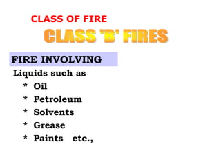 FIRE INVOLVING
Liquids such as
* Oil
* Petroleum
* Solvents
* Grease
* Paints etc.,
CLASS OF FIRE
 
