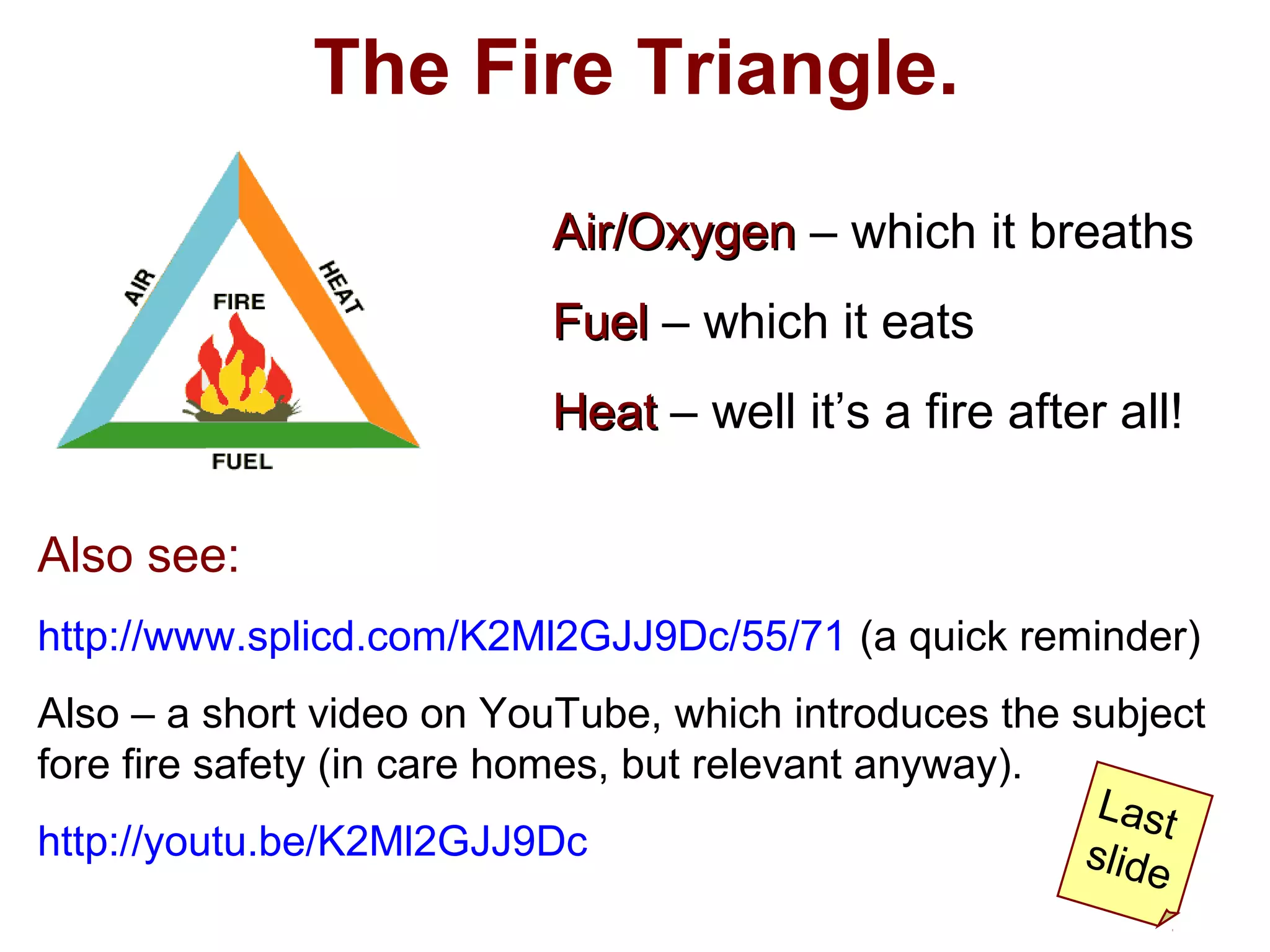 The Fire Triangle.
Air/OxygenAir/Oxygen – which it breaths
FuelFuel – which it eats
HeatHeat – well it’s a fire after all!
Also see:
http://www.splicd.com/K2Ml2GJJ9Dc/55/71 (a quick reminder)
Also – a short video on YouTube, which introduces the subject
fore fire safety (in care homes, but relevant anyway).
http://youtu.be/K2Ml2GJJ9Dc
Last
slide
 