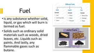 Fuel
•is any substance whether solid,
liquid, or gas which will burn is
termed as fuel.
•Solids such as ordinary solid
materials such as woods, dried
leaves, etc. Liquids such as
paints. And lastly, any
flammable gases such as
butane.
 