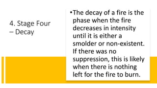 4. Stage Four
– Decay
•The decay of a fire is the
phase when the fire
decreases in intensity
until it is either a
smolder or non-existent.
If there was no
suppression, this is likely
when there is nothing
left for the fire to burn.
 