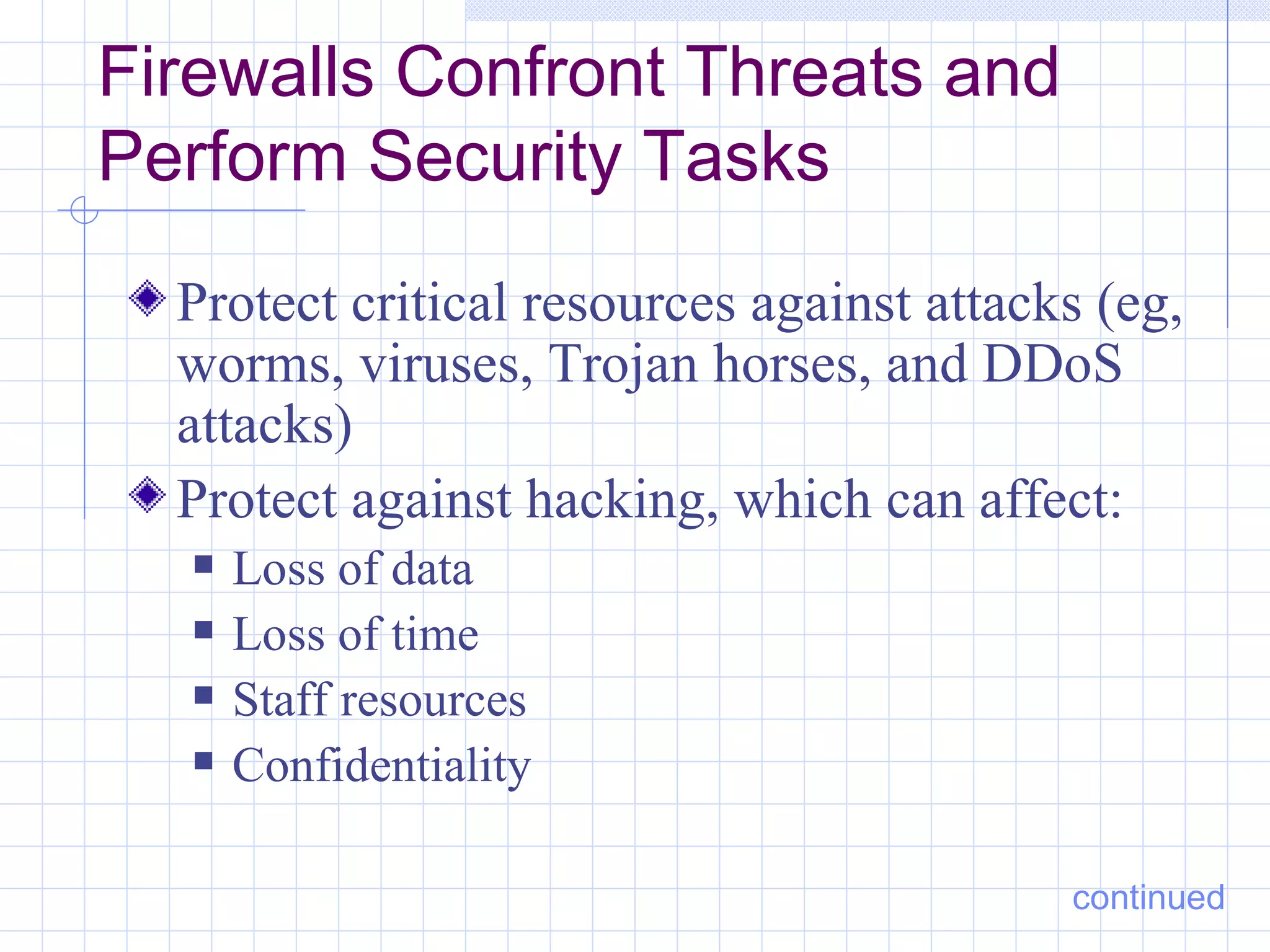 Firewalls Confront Threats and
Perform Security Tasks
  Protect critical resources against attacks (eg,
  worms, viruses, Trojan horses, and DDoS
  attacks)
  Protect against hacking, which can affect:
     Loss of data
     Loss of time
     Staff resources
     Confidentiality

                                           continued
 