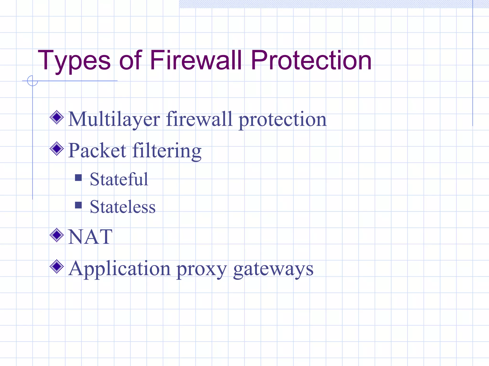 Types of Firewall Protection

  Multilayer firewall protection
  Packet filtering
      Stateful
      Stateless
  NAT
  Application proxy gateways
 