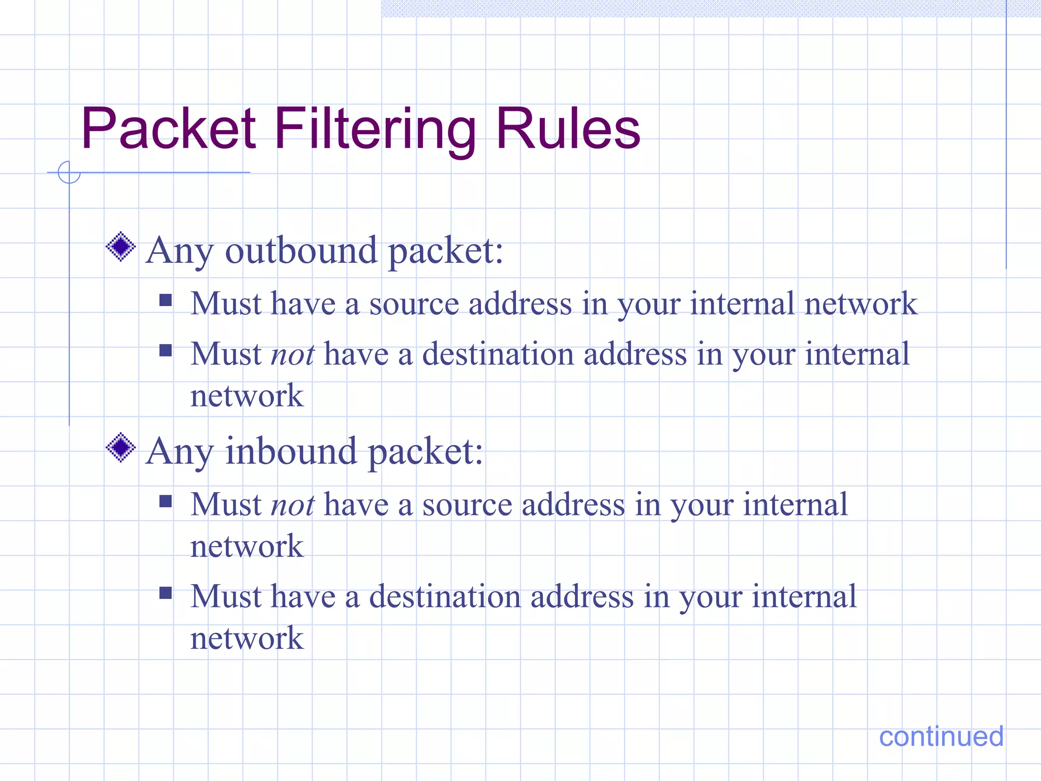 Packet Filtering Rules
  Any outbound packet:
      Must have a source address in your internal network
      Must not have a destination address in your internal
       network
  Any inbound packet:
      Must not have a source address in your internal
       network
      Must have a destination address in your internal
       network

                                                          continued
 