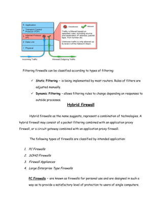 Filtering firewalls can be classified according to types of filtering:


         Static Filtering – is being implemented by most routers. Rules of filters are

            adjusted manually.

         Dynamic Filtering – allows filtering rules to change depending on responses to

            outside processes.
                                    Hybrid firewall

       Hybrid firewalls as the name suggests, represent a combination of technologies. A

hybrid firewall may consist of a pocket filtering combined with an application proxy

firewall, or a circuit gateway combined with an application proxy firewall.


       The following types of firewalls are classified by intended application:


   1. PC Firewalls

   2. SOHO Firewalls

   3. Firewall Appliances

   4. Large Enterprise Type Firewalls


       PC Firewalls – are known as firewalls for personal use and are designed in such a

       way as to provide a satisfactory level of protection to users of single computers.
 