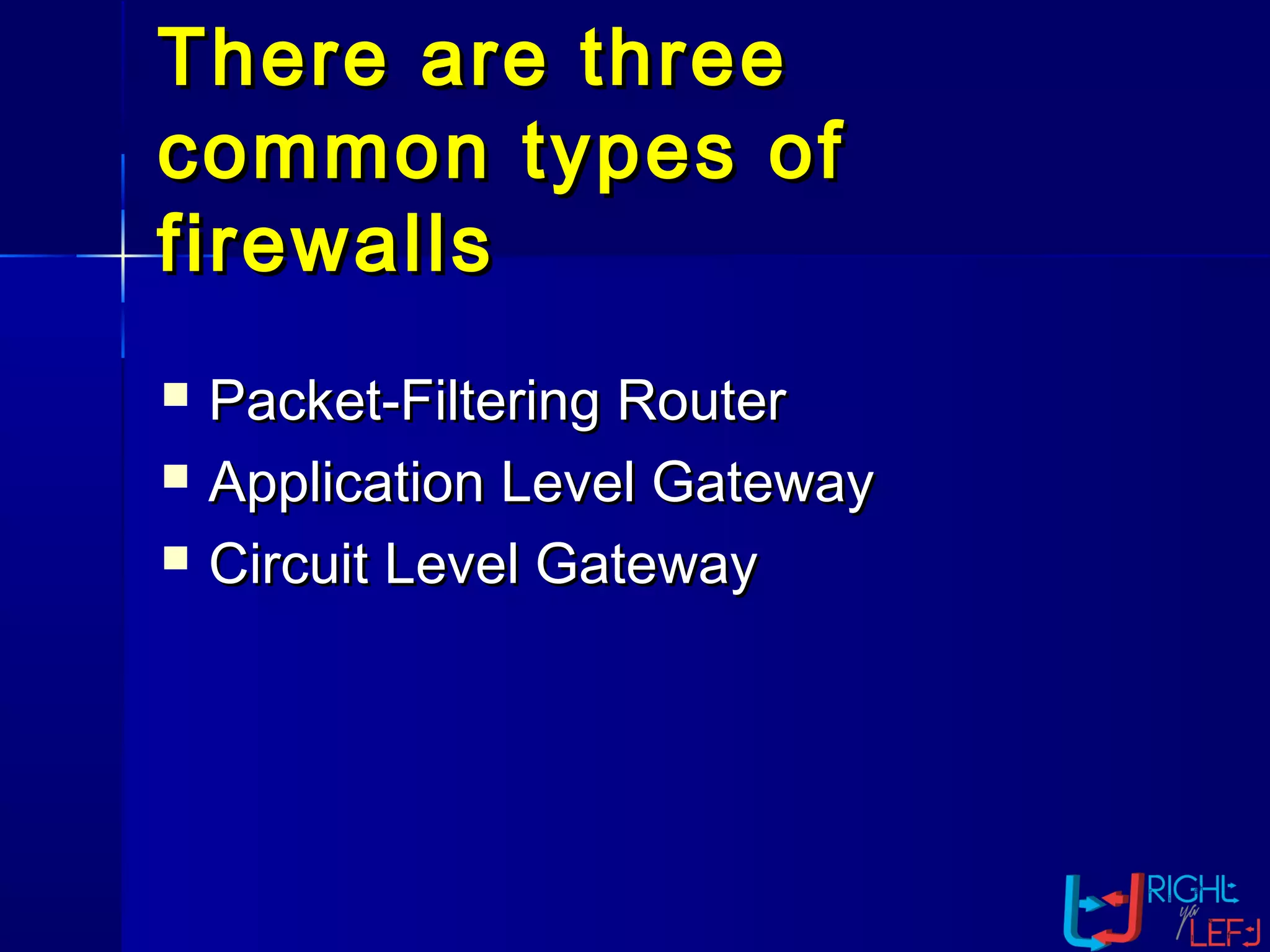 There are threeThere are three
common types ofcommon types of
firewallsfirewalls
 Packet-Filtering RouterPacket-Filtering Router
 Application Level GatewayApplication Level Gateway
 Circuit Level GatewayCircuit Level Gateway
 