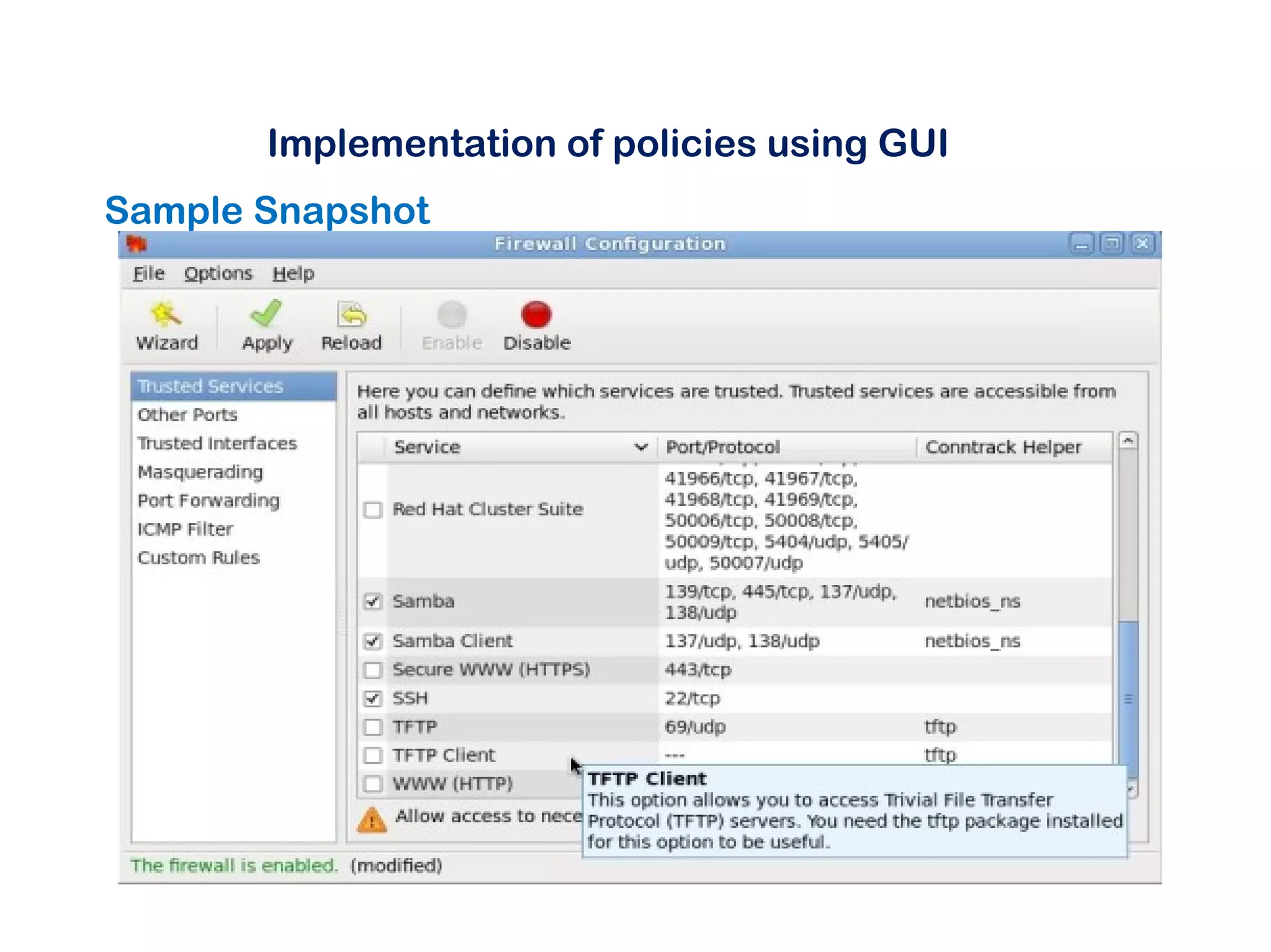 Implementation of policies using GUI
Sample Snapshot
 