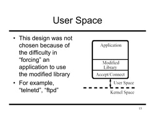 13 
User Space 
• This design was not 
chosen because of 
the difficulty in 
“forcing” an 
application to use 
the modified library 
• For example, 
“telnetd”, “ftpd” 
 