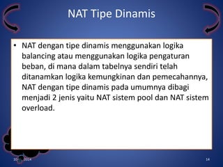 • NAT dengan tipe dinamis menggunakan logika 
balancing atau menggunakan logika pengaturan 
beban, di mana dalam tabelnya sendiri telah 
ditanamkan logika kemungkinan dan pemecahannya, 
NAT dengan tipe dinamis pada umumnya dibagi 
menjadi 2 jenis yaitu NAT sistem pool dan NAT sistem 
overload. 
Kelompok 
3 
NAT Tipe Dinamis 
10/31/2014 14 
 