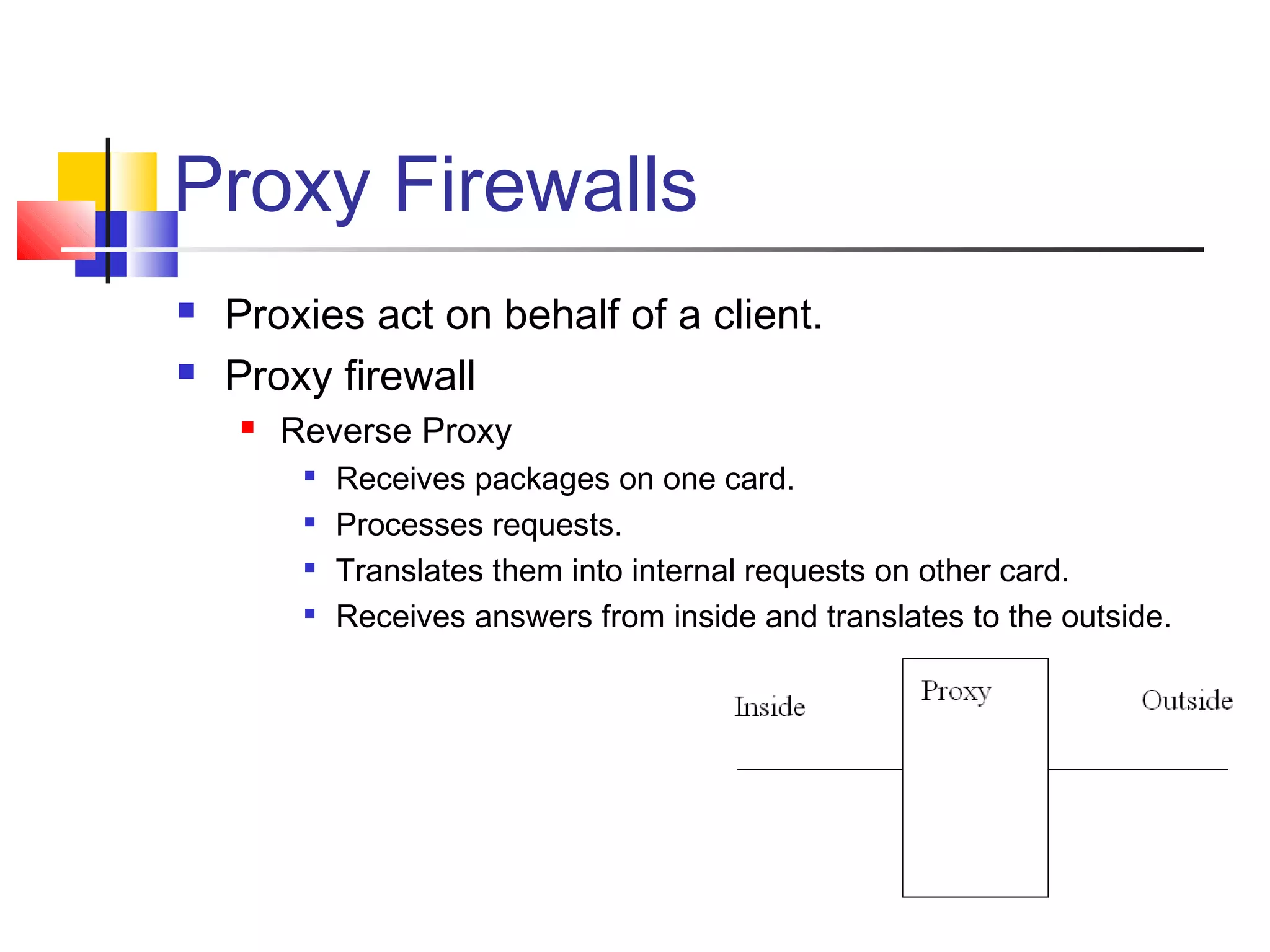 Proxy Firewalls
 Proxies act on behalf of a client.
 Proxy firewall
 Reverse Proxy

Receives packages on one card.

Processes requests.

Translates them into internal requests on other card.

Receives answers from inside and translates to the outside.
 