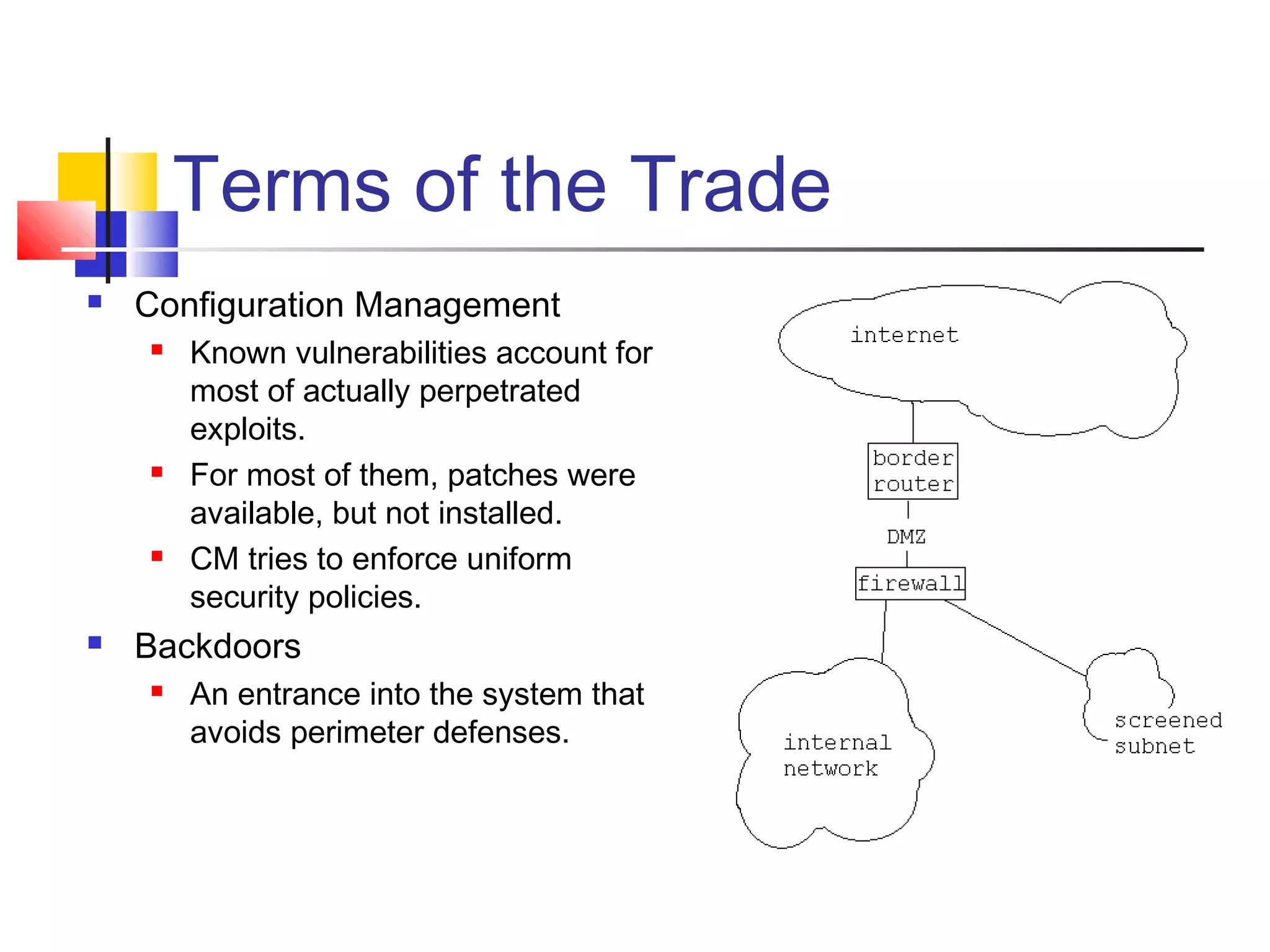 Terms of the Trade
 Configuration Management
 Known vulnerabilities account for
most of actually perpetrated
exploits.
 For most of them, patches were
available, but not installed.
 CM tries to enforce uniform
security policies.
 Backdoors
 An entrance into the system that
avoids perimeter defenses.
 