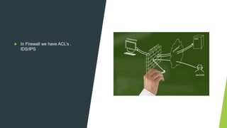  In Firewall we have ACL’s ,
IDS/IPS
 
