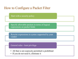 How to Configure a Packet Filter
Start with a security policy
Specify allowable packets in terms of logical
expressions on packet fields
Rewrite expressions in syntax supported by your
vendor
• All that is not expressly permitted is prohibited
• If you do not need it, eliminate it
General rules - least privilege
 