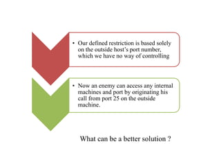 What can be a better solution ?
• Our defined restriction is based solely
on the outside host’s port number,
which we have no way of controlling
• Now an enemy can access any internal
machines and port by originating his
call from port 25 on the outside
machine.
 