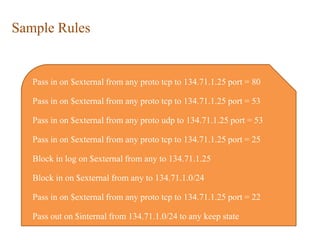 Sample Rules
40
Pass in on $external from any proto tcp to 134.71.1.25 port = 80
Pass in on $external from any proto tcp to 134.71.1.25 port = 53
Pass in on $external from any proto udp to 134.71.1.25 port = 53
Pass in on $external from any proto tcp to 134.71.1.25 port = 25
Block in log on $external from any to 134.71.1.25
Block in on $external from any to 134.71.1.0/24
Pass in on $external from any proto tcp to 134.71.1.25 port = 22
Pass out on $internal from 134.71.1.0/24 to any keep state
 