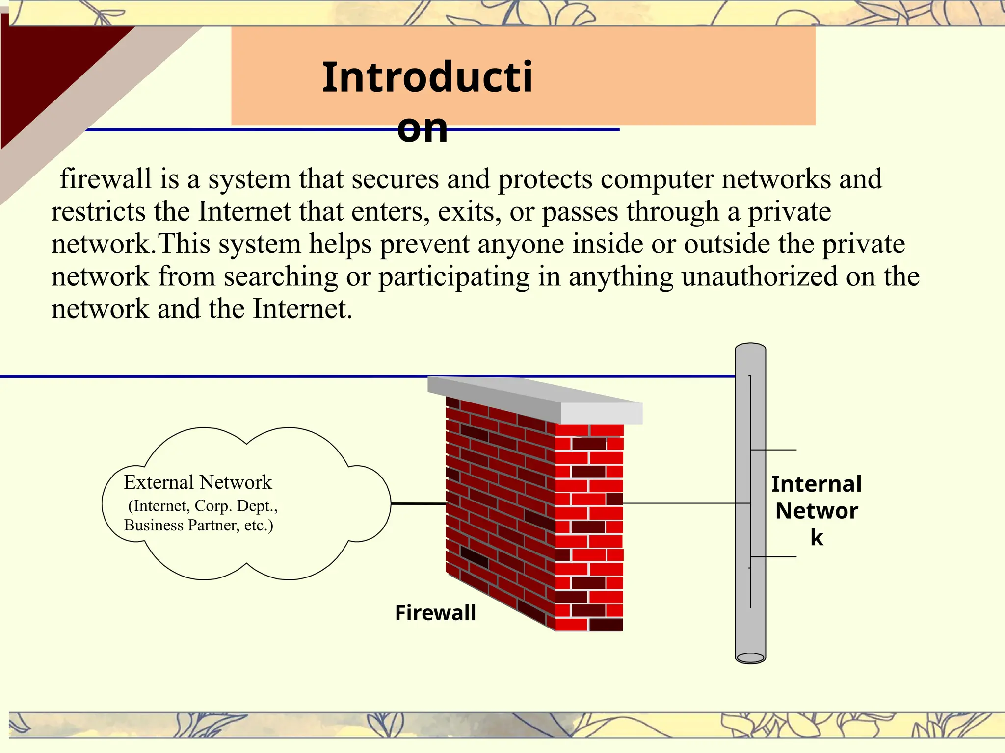 firewall is a system that secures and protects computer networks and
restricts the Internet that enters, exits, or passes through a private
network.This system helps prevent anyone inside or outside the private
network from searching or participating in anything unauthorized on the
network and the Internet.
External Network
(Internet, Corp. Dept.,
Business Partner, etc.)
Firewall
Internal
Networ
k
Introducti
on
 