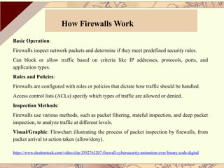 Basic Operation:
Firewalls inspect network packets and determine if they meet predefined security rules.
Can block or allow traffic based on criteria like IP addresses, protocols, ports, and
application types.
Rules and Policies:
Firewalls are configured with rules or policies that dictate how traffic should be handled.
Access control lists (ACLs) specify which types of traffic are allowed or denied.
Inspection Methods:
Firewalls use various methods, such as packet filtering, stateful inspection, and deep packet
inspection, to analyze traffic at different levels.
Visual/Graphic: Flowchart illustrating the process of packet inspection by firewalls, from
packet arrival to action taken (allow/deny).
https://www.shutterstock.com/video/clip-3592763207-firewall-cybersecurity-animation-over-binary-code-digital
How Firewalls Work
 